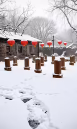 many red paper lights in the snow by an old building