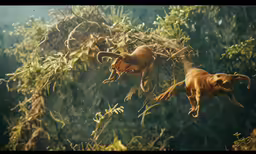 two dogs jump into the air from a tree branch