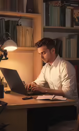 the man is typing on his laptop on the desk