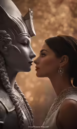 an artistic photo with an egyptian princess and an egyptian warrior kissing each other