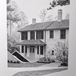 a tall brick house sitting in front of a forest