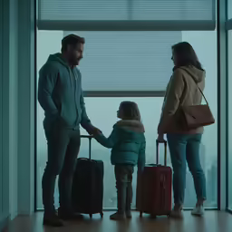 a man and child standing next to luggage in front of a window