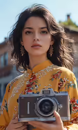 a woman holding a camera and wearing a yellow dress