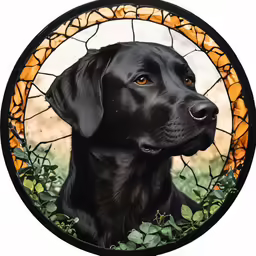 a black dog with its head looking up in front of a circle