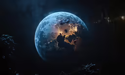 the planets is illuminated in bright lights from a distant satellite