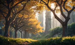 the sunlight coming through the trees shines brightly on the grass
