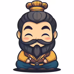 an illustration of a chinese man with a black beard and large puffy cheeks sitting on the floor