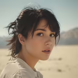 a young woman looks off to her right as she stands in the desert
