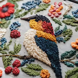 decorative embroidery work on a table, with a bird in it