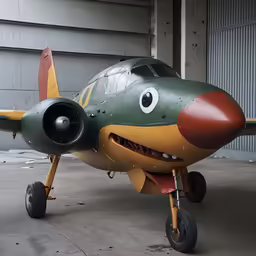 an older style propeller airplane sitting inside of a garage