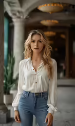 a woman with long hair in jeans and a white shirt