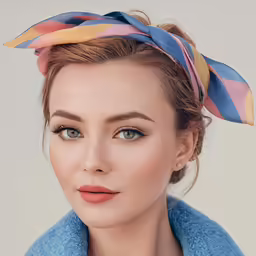 a woman with a blue coat on, wearing a bow around her head