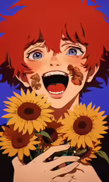 a cartoon picture of a girl holding a bunch of sunflowers