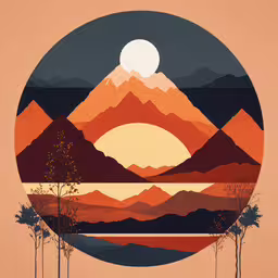 a graphic shows mountains, trees, and a river,an art piece with different color and design