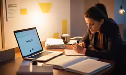 a woman sitting in front of a laptop computer