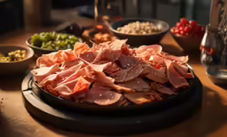a pile of chopped ham in bowls on a table