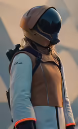 a person wearing a brown jacket, tan vest and black helmet