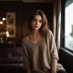 a woman wearing a tan sweater in front of a window
