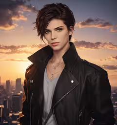 an artistic woman in a leather jacket and a sunset in the background,a young woman with brown hair in black leather jacket