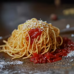 a plate full of spaghetti topped with tomatoes