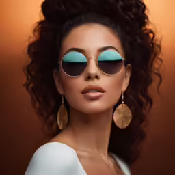 a woman in gold sunglasses and white top wearing circular gold earrings
