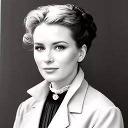 a black and white photo of a woman in suit and pearls