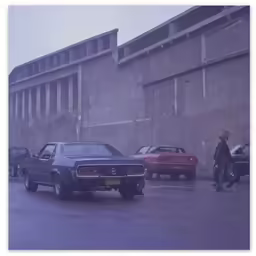 an old black car driving down a street in a parking lot