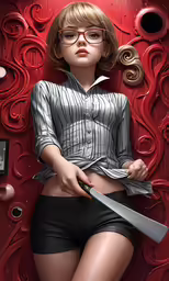 a woman sitting on top of a chair holding a knife