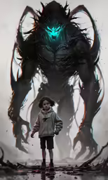 a person standing in front of a giant monster