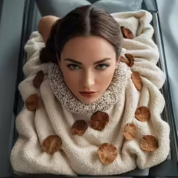 a woman sitting on top of a bed covered in a blanket
