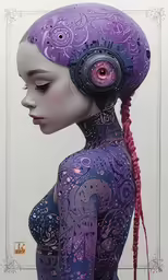 a doll head wearing pink and purple hair
