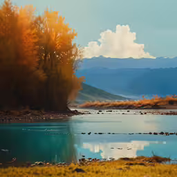 the water is calm and clear and blue,beautiful photo of an alpine scenery with a blue lake and mountains in the distance