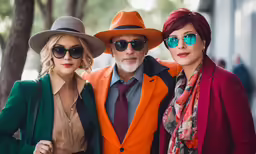 two women and a man dressed in colorful clothing posing together