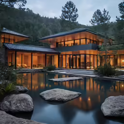 a home with an outdoor pool surrounded by rocks