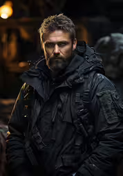 a man wearing an unisex jacket standing in a dark area,a man in military gear standing in an underground tunnel