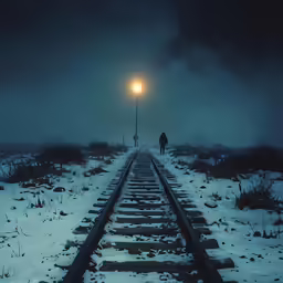 the lone man stands on a train track as the sun is set