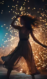 a woman with a flowing dress is standing with her hair in the wind