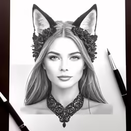 pencil drawing of a woman wearing a cat ears hat
