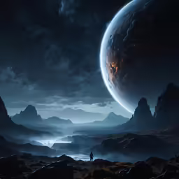 an alien land that looks like space is surrounded by mountains and planets