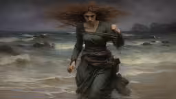 there is a woman walking on the beach,a painting of a woman with red hair walking on the shore