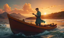 a man in the boat looking at a paper with his hands,a man in a long boat with his hands out as he stands