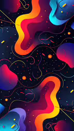 abstract shapes and colors against a blue background,a painting with colorful lines and confetti