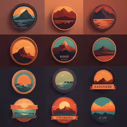 six logos with different mountain scenes on them,a set of circular badges with mountains and valleys