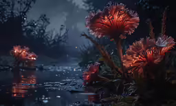 two pink flowers sitting in the water at night