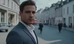a young man in a suit stands on the street