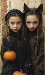 two little girls in brown coats with pumpkins