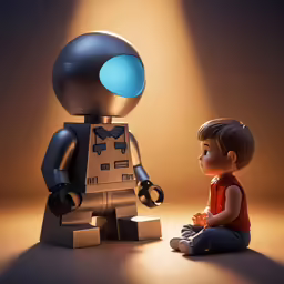 a lego figurine sits next to a toy robot