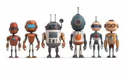 a group of cute little toy robot on a white background