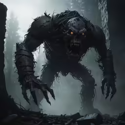 a creepy creature standing in the woods with fangs