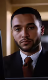 a man is looking up at a computer screen